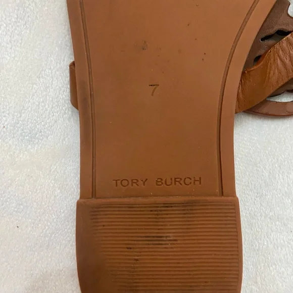 Tory Burch Miller Sandals Brown Leather Gold Logo Thong Flats - Picture 5 of 9